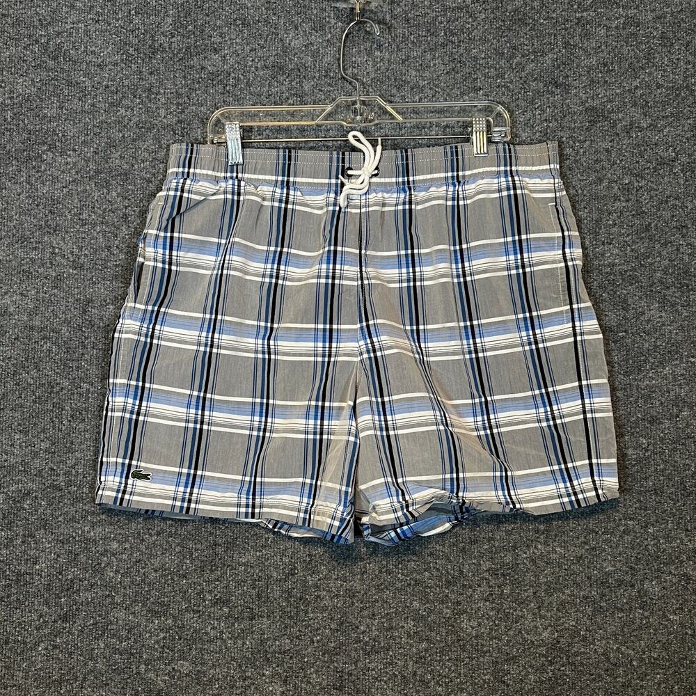 Lacoste Swim Trunks Mens XL Gray Blue Plaid Board Shorts Croc Beach Surf